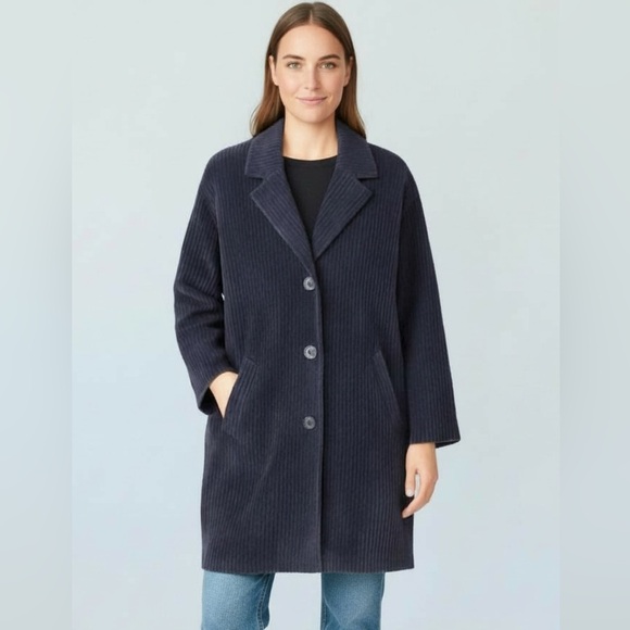 Eileen Fisher Jackets & Blazers - Eileen Fisher Navy Blue Corduroy Organic Cotton Long Coat Jacket Women’s SZ 8